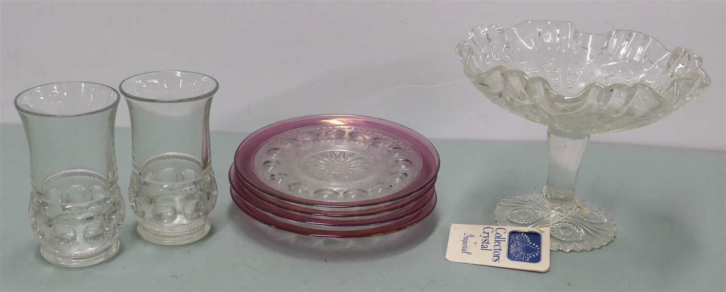 Imperial by Lenox Footed Compote Bowl and 6 Pieces of Kings Crown - 2 5 1/4" Glasses and 4 7 3/8" Plates with Ruby Red Trim  