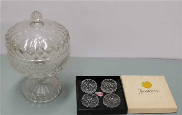 Diamond Point  Preserve Stand and Set of 4 Fostoria Lead Crystal Salt Dips in Original Fitted Fostoria Box - Preserve Stand Measures 10 Tall