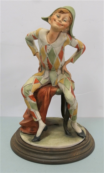 Giuseppi Armani - Capodimonte Harlequin Clown Figure - Measures 12" Tall Including Wood Base