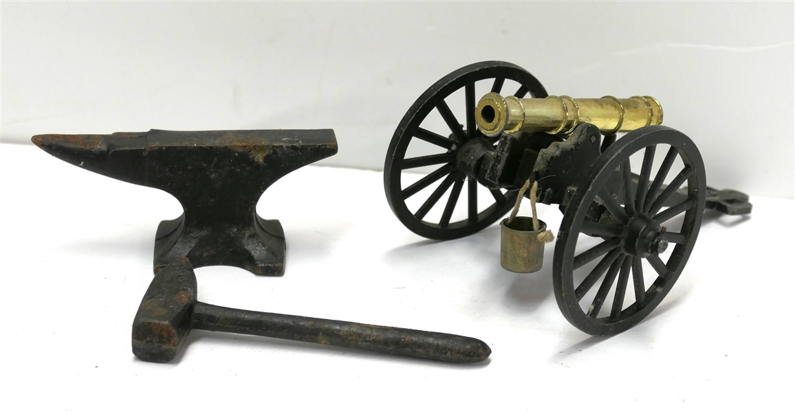 Miniature Jewelers Anvil, Miniature Iron Maul, and Italian Iron Cannon - Number 374 - Anvil is 1 3/4" Tall 3" Long