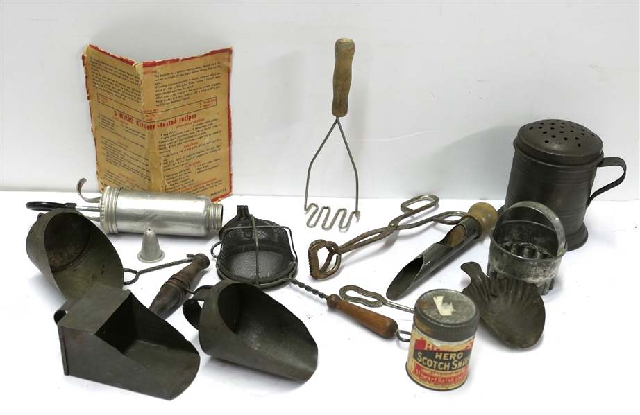 Vintage Kitchen Items, Sifter, Shaker, Cookie Press, Scoops, Wood Handled Utensils, Tongs, Hero Snuff Tin, and Openers