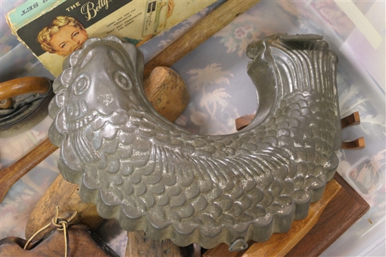 Mixed Lot including Vintage Hand Carved Items, Plank Road Beer Bottle, Iron, Westinghouse Thermometer Set, Fish Tin, Etc. 