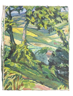 Original Oil on Canvas Impressionist Style Painting - Vibrant Green Trees and Fields - Canvas Measures 26 by 20