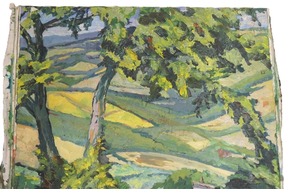 Original Oil on Canvas Impressionist Style Painting - Vibrant Green Trees and Fields - Canvas Measures 26 by 20