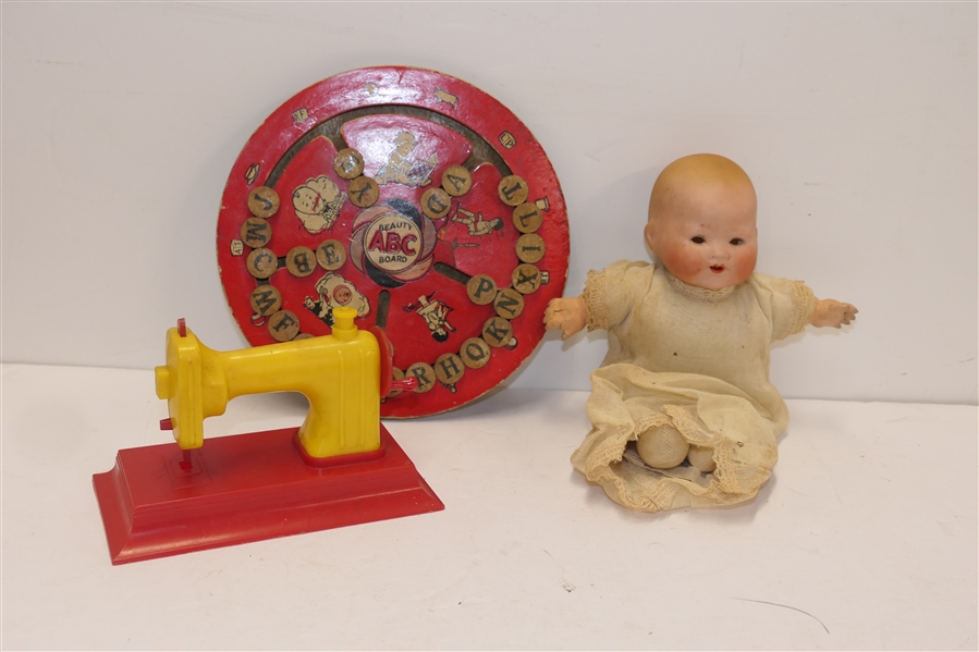 German Bisque Head Doll "M" on Back - Composition Hands, Cloth Body, Plasticraft No. 190 Toy Sewing Machine, Beauty Board ABC - Doll Measures 8" Long