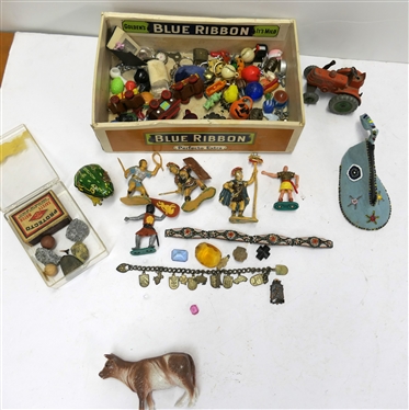 Large Lot of Misc Items - Cigar Box of Cracker Jack Toys, Dinky Tractor, Western Germany Key Wind Hopping Frog, German Charm Bracelet, Stones, Coin Purse, Miniature Book, Soldiers, Match Box, Etc. 
