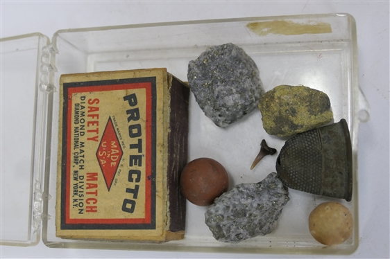 Large Lot of Misc Items - Cigar Box of Cracker Jack Toys, Dinky Tractor, Western Germany Key Wind Hopping Frog, German Charm Bracelet, Stones, Coin Purse, Miniature Book, Soldiers, Match Box, Etc. 