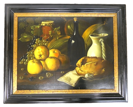 Very Well Done Still Life Painting on Board - Fruits, Bread, and Wine - Nicely Framed  - Very Heavy - Frame Measures  26 by 32