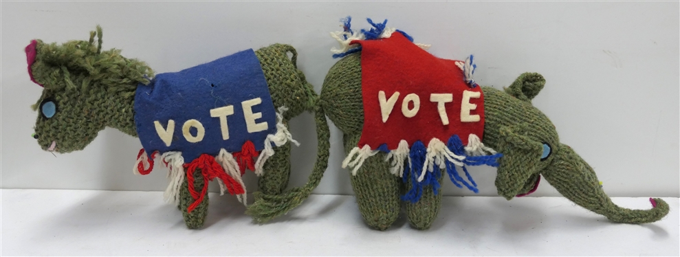 Vintage Hand Knitted Campaign Elephant and Donkey  Stuffed Animals  - VOTE Banners on Backs - Elephant Measures 6 tall 11 Long