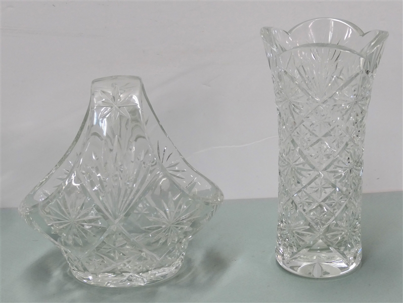 2 Pieces of Signed Block Crystal - 9" Vase and Crystal Basket 