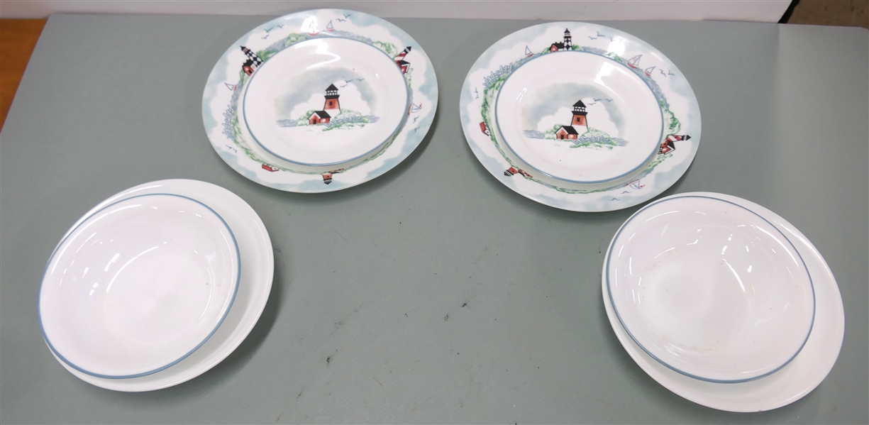 8 Pieces of Corelle by Corning - 2 Bowls, 2 Light House  Motif Dessert Plates, 2 Light House Dinner Plates, and 2 Pasta Bowls