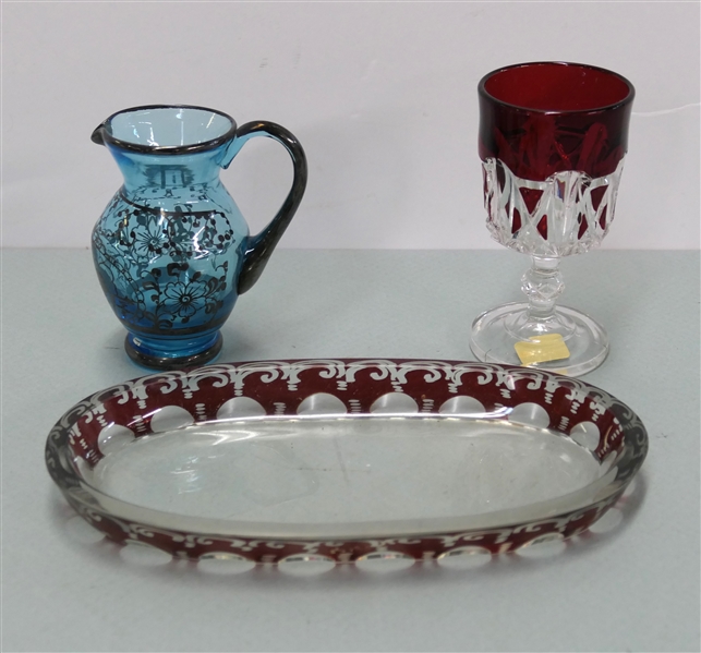 Oval Ruby Red Cut to Clear Dish, Ruby Flash Cordial, and Bright Blue Silver Overlay Miniature Pitcher - Cordial is 4 1/4" Tall, Blue Pitcher is 3 1/2" Tall - Oval Dish is 7 1/2" Long