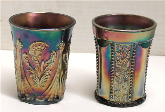 2 Blue Carnival Glass Tumblers - St. Clair Holly Band and Feather and Fan