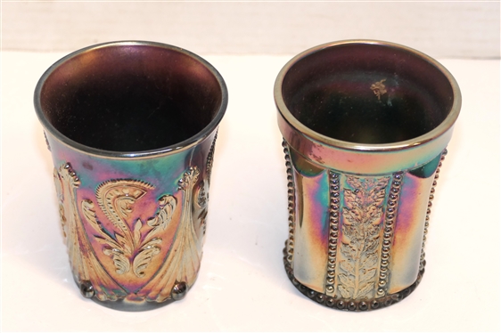2 Blue Carnival Glass Tumblers - St. Clair Holly Band and Feather and Fan