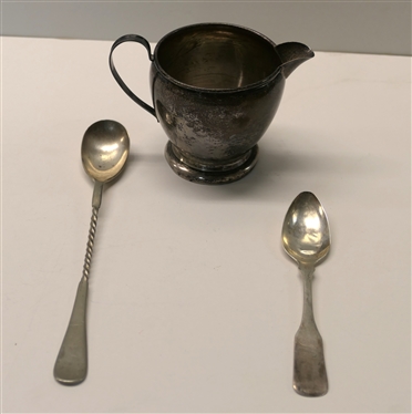 P.S. Co. Sterling Silver Creamer - 71.9 Grams (Not Weighted), EPNS Cocktail Spoon, and Unmarked Monogrammed Tea Spoon 