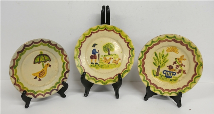 3 - Redondo Portugal Art Pottery Plates - Hand Painted Animals and Flowers - Artist Signed on Backs -2 plates Measures 8 3/4 Across - Duck with Umbrella Measures 8 Across