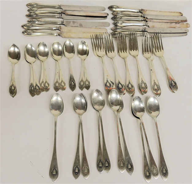 48 Pieces of Lunt "Mount Vernon" Sterling Silver - Monogrammed "M"  12 - 4 Piece Place Settings - including Dinner Fork,  Dinner Knife, Tea Spoon, and Iced Tea Spoons - Only 6 Knives are...