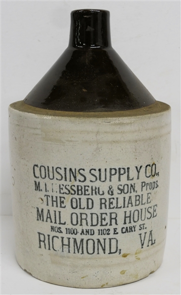 Cousins Supply Co. M.I. Hessberg & Son. Props. "The Old Reliable Mail Order House" Nos. 1100 and 1102 E. Cary St. Richmond, VA -1 Gallon  Brown and White Stone Jug - Jug Measures 12" Tall 
