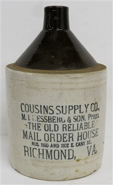 Cousins Supply Co. M.I. Hessberg & Son. Props. The Old Reliable Mail Order House Nos. 1100 and 1102 E. Cary St. Richmond, VA -1 Gallon  Brown and White Stone Jug - Jug Measures 12 Tall 