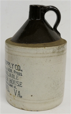 Cousins Supply Co. M.I. Hessberg & Son. Props. The Old Reliable Mail Order House Nos. 1100 and 1102 E. Cary St. Richmond, VA -1 Gallon  Brown and White Stone Jug - Jug Measures 12 Tall 