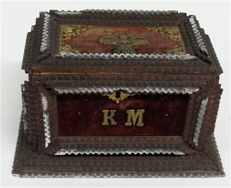 Smaller Tramp Art Box - Hand Carved - Top with Brass Ormolu and Lion's Head - Front Red Velvet Covered with KM Monogram- Sides with Green Velvet and  Acorn & Oak Leaf Ormolu Some Silver Leaf...
