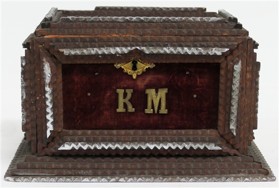 Smaller Tramp Art Box - Hand Carved - Top with Brass Ormolu and Lion's Head - Front Red Velvet Covered with KM Monogram- Sides with Green Velvet and  Acorn & Oak Leaf Ormolu Some Silver Leaf...