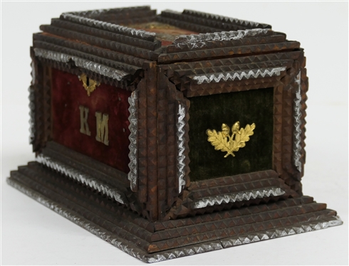 Smaller Tramp Art Box - Hand Carved - Top with Brass Ormolu and Lion's Head - Front Red Velvet Covered with KM Monogram- Sides with Green Velvet and  Acorn & Oak Leaf Ormolu Some Silver Leaf...