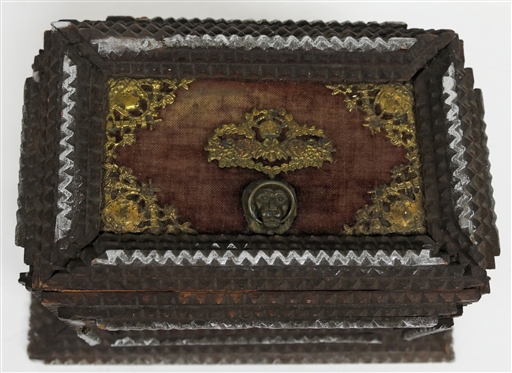 Smaller Tramp Art Box - Hand Carved - Top with Brass Ormolu and Lion's Head - Front Red Velvet Covered with KM Monogram- Sides with Green Velvet and  Acorn & Oak Leaf Ormolu Some Silver Leaf...