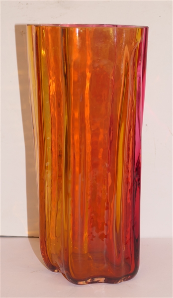 Beautiful Red and Orange Artist Signed and Dated 15 Art Glass Vase - Fluted Sides - Red and Oranges Panels - Abstract Form - Vase Measures 9 1/4" Tall 4 1/2" Across