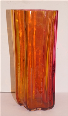 Beautiful Red and Orange Artist Signed and Dated ''15 Art Glass Vase - Fluted Sides - Red and Oranges Panels - Abstract Form - Vase Measures 9 1/4 Tall 4 1/2 Across