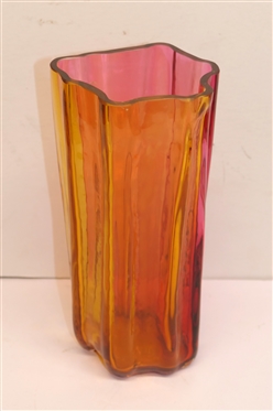 Beautiful Red and Orange Artist Signed and Dated ''15 Art Glass Vase - Fluted Sides - Red and Oranges Panels - Abstract Form - Vase Measures 9 1/4 Tall 4 1/2 Across