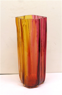Beautiful Red and Orange Artist Signed and Dated ''15 Art Glass Vase - Fluted Sides - Red and Oranges Panels - Abstract Form - Vase Measures 9 1/4 Tall 4 1/2 Across