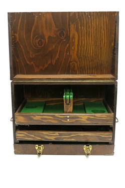 Wood Gun Box with 2 Pull Out Trays - Fitted Compartment for Pistols - Green Felt Lined - Case Measures 13 Tall 18 by 9 