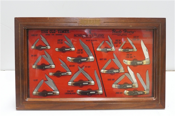 Collection of Schrade Cutlery - Made in USA - The Old -Timer - Knives Like Grandads'' Uncle Henry - Guaranteed Against Loss For One Year - 14 Folding Pocket Knives in Original Fitted Display...