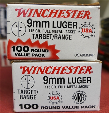 2 Boxes of 100 (200 Rounds Total) 9mm Luger - 115 Gr. Full Metal Jacket Target/Range Rounds