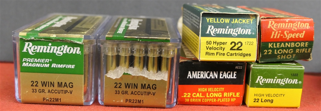 .22 Cal. Cartridges - 2 Full Boxes 22 WIN MAG 33 Gr. AccuTip-V (100 Rounds) - 2 Mostly Full Boxes of .22 LONG and 2 Partial Boxes of .22 LONG Rifle and .22 