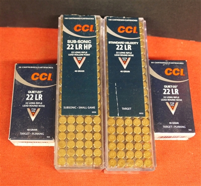 .22 Cal. Cartridges - 100 CCI Standard Velocity 22 LR - 40 GR. Lead Round Nose - Target, 100 CCI Sub Sonic 22 LR HP 40 GR. Lead Hollow Point, and 2 Boxes 50 CCI Quiet 22 LR