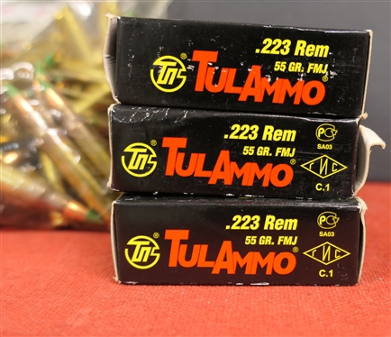 3 Boxes TulAmmo .223 Rem 55 Gr. FMJ - 3 20 Round Boxes (60 Rounds Total) and 1 Bag 100 Rounds .223LC with Green Tips 