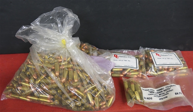 9mm Cartridges - 2 Bags of 50  - 9mm 147 gr FMK RN (100 Rounds Total), 12 9mm Luger Nato 124gr FMJ, and  Large Bag Weighing  7 Lbs. of 9mm