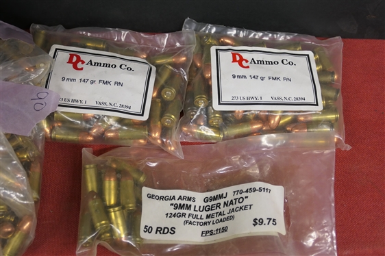 9mm Cartridges - 2 Bags of 50  - 9mm 147 gr FMK RN (100 Rounds Total), 12 9mm Luger Nato 124gr FMJ, and  Large Bag Weighing  7 Lbs. of 9mm