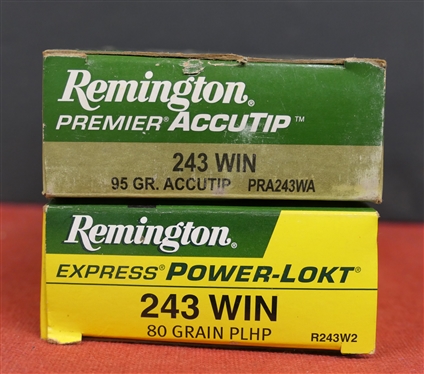 2 Full Boxes 243 WIN - Remington Premier AccuTip 243 WIN 95 GR. And Remington Express Power - Lokt  243 80 Grain - 40 Rounds Total 