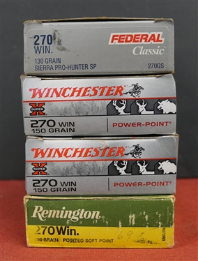 4 Boxes of 270 WIN Cartridges - Federal Classic Rifle 270 WIN 130 Grain Sierra Pro Hunter SP,2 Boxes  Winchester 270 WIN 150 Grain, and Remington 270 WIN 100 Grain Pointed Soft Point - 80 Rounds Total