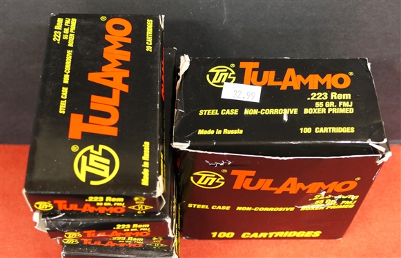 220 Rounds - .223 REM 55 Gr. FMJ Cartridges - 6 Boxes of 20 Rounds and 1 Box of 100 Rounds 