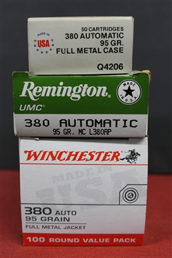 3 Boxes of 380 Automatic Cartridges - Winchester 380 Auto 95 Grain FMJ, 50 Remington UMC 380 Automatic 95 Gr. MC, and Partial Box of 380 Automatic 95 GR Full Metal Case - Made in USA