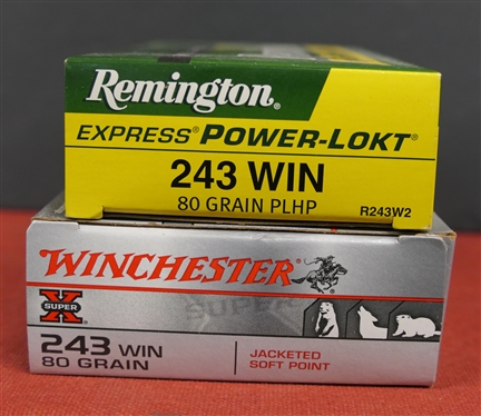 2 Boxes of 243 WIN Cartridges - Remington Express Power - LOKT 243 WIN 80 Grain PLHP (20 Rounds) and Winchester 243 WIN 80 Grain - Jacketed Soft Point  (20 Rounds)