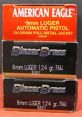 3 Boxes of 9mm Luger Ammunition - American Eagle 9mm Luger 124 Grain Full Metal Jacket and 2 Boxes Blazer Brass 9mm Luger 124 gr. FMJ - 150 Rounds Total 