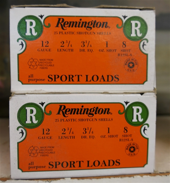 2 Boxes of Remington Sport Loads - 12 Gauge 2 3/4 Length 8 Shot - 100 Shells 