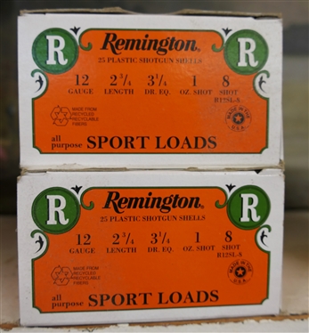 2 Boxes of Remington Sport Loads - 12 Gauge 2 3/4 Length 8 Shot - 100 Shells 