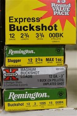 6 Boxes of 12 Gauge Shells - 1 Box Slugs, 1 Box 1 Buck, and 4 00 Buck 