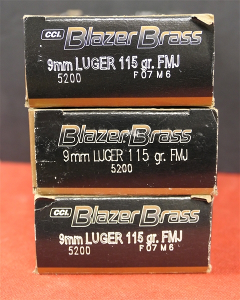 3 Boxes of CCI Blazer Brass 9mm Luger 115 GR. FMJ - 50 Cartridges Per Box - 150 Rounds Total 